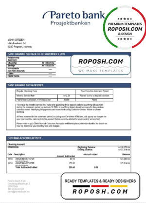 Norway Pareto Bank statement easy to fill template in Word and PDF format