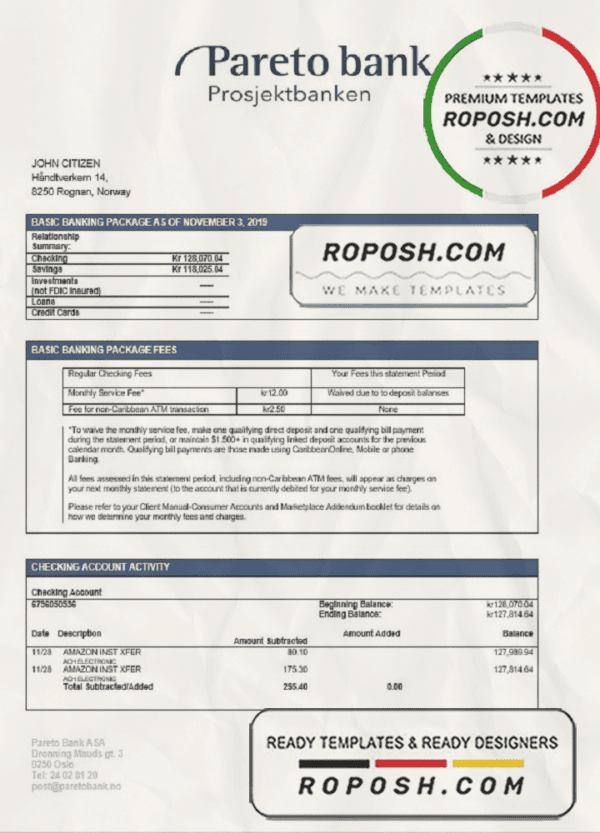 Norway Pareto Bank statement easy to fill template in Word and PDF format