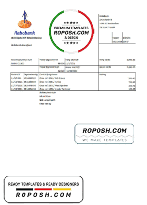 Netherlands Rabobank bank statement easy to fill template in .xls and .pdf file format