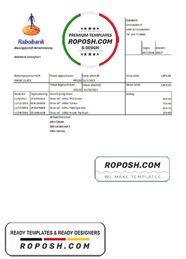 Netherlands Rabobank bank statement easy to fill template in .xls and .pdf file format