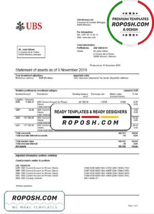 Monaco UBS bank proof of address statement template in Word and PDF format (.doc and .pdf)