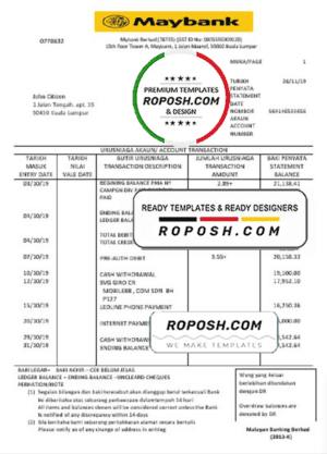 Malaysia Maybank bank statement template, Word and PDF format (.doc and .pdf)