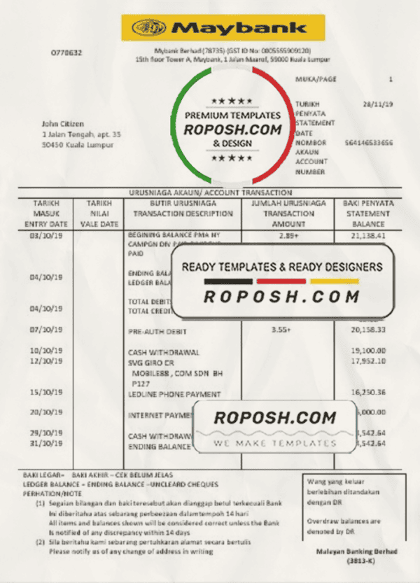 Malaysia Maybank bank statement template, Word and PDF format (.doc and .pdf)