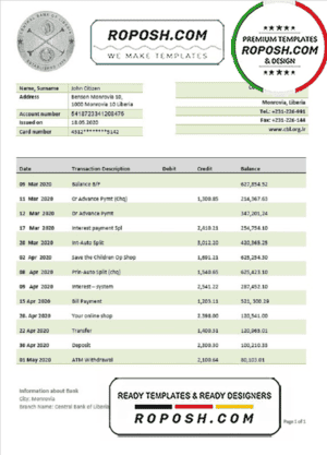 Liberia Central Bank of Liberia bank statement template in Word and PDF format