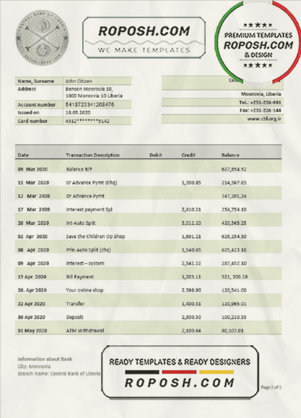 Liberia Central Bank of Liberia bank statement template in Word and PDF format