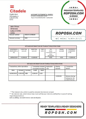 Latvia Citadele bank statement template, Word and PDF format (.doc and .pdf)
