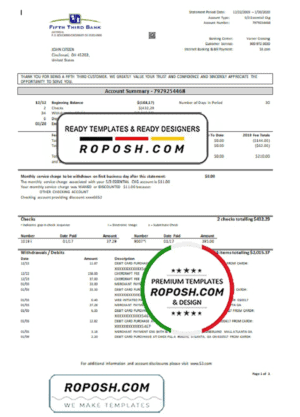 USA Fifth Third Bank statement in Word and PDF (.doc and .pdf) format, good for address prove