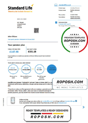 United Kingdom Standard Life proof of address pension statement in Word and PDF (.doc and .pdf) format