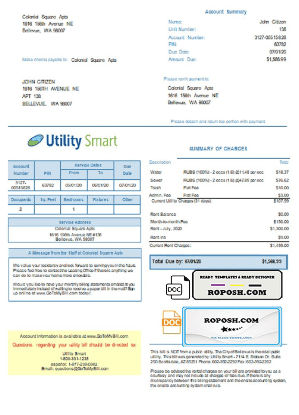 USA Arizona Utility Smart utility bill template in Word and PDF format (.doc and .pdf)