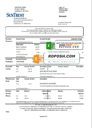 USA Georgia SunTrust bank proof of address statement template in .xls and .pdf format