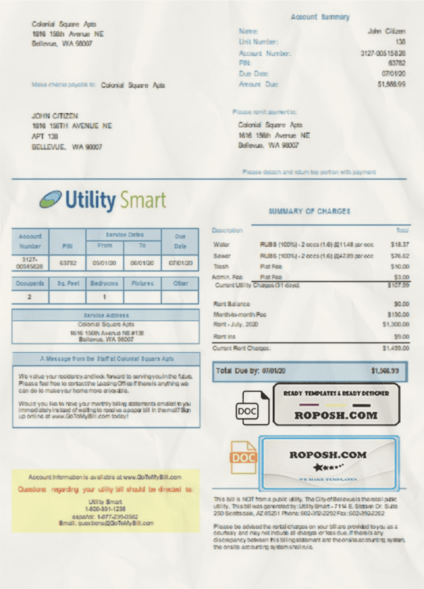 USA Arizona Utility Smart utility bill template in Word and PDF format (.doc and .pdf)