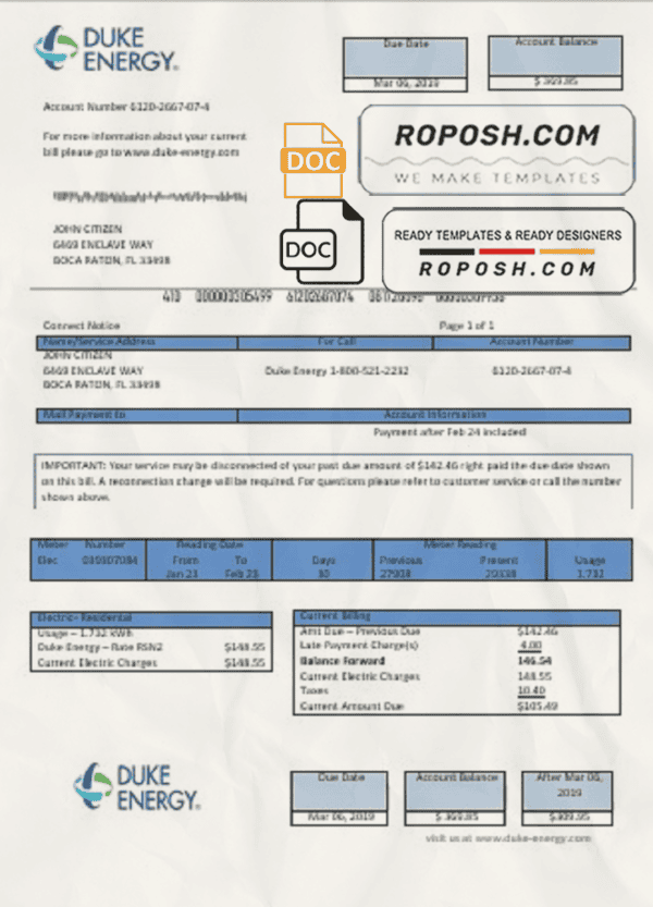 USA North Carolina Duke Energy utility bill template in Word and PDF format