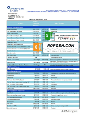 USA JP Morgan Chase bank statement template in .xls and .pdf file format