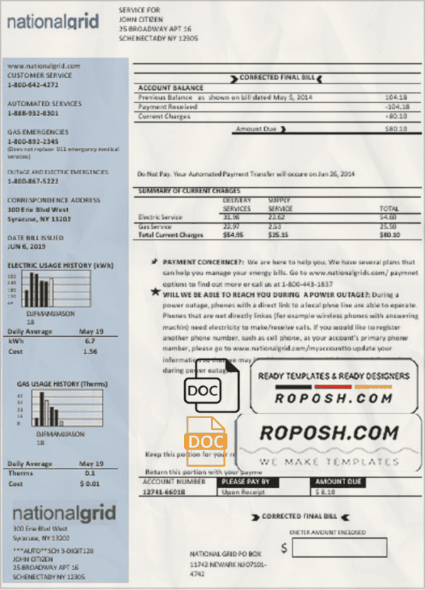 USA New York National Grid utility bill template in Word and PDF format