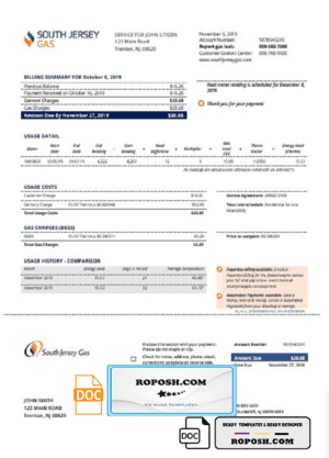 USA New Jersey gas utility bill template in Word and PDF format (.doc and .pdf)