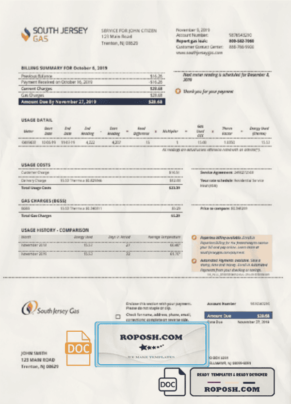 USA New Jersey gas utility bill template in Word and PDF format (.doc and .pdf)