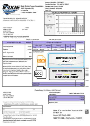USA Mississipi Dixie Electric utility bill template in Word and PDF format