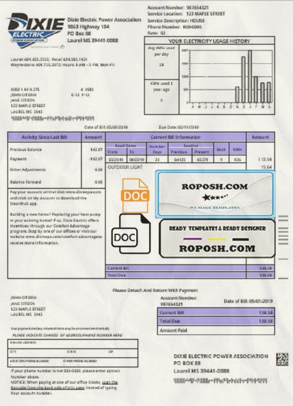 USA Mississipi Dixie Electric utility bill template in Word and PDF format scan effect