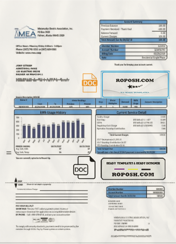 USA MEA Alaska electricity utility bill template in Word and PDF format scan effect