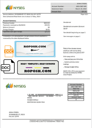 USA Massachusetts Boston NYSEG electricity utility bill template in Word and PDF format