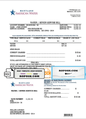 USA Maryland American water utility bill template in Word and PDF format