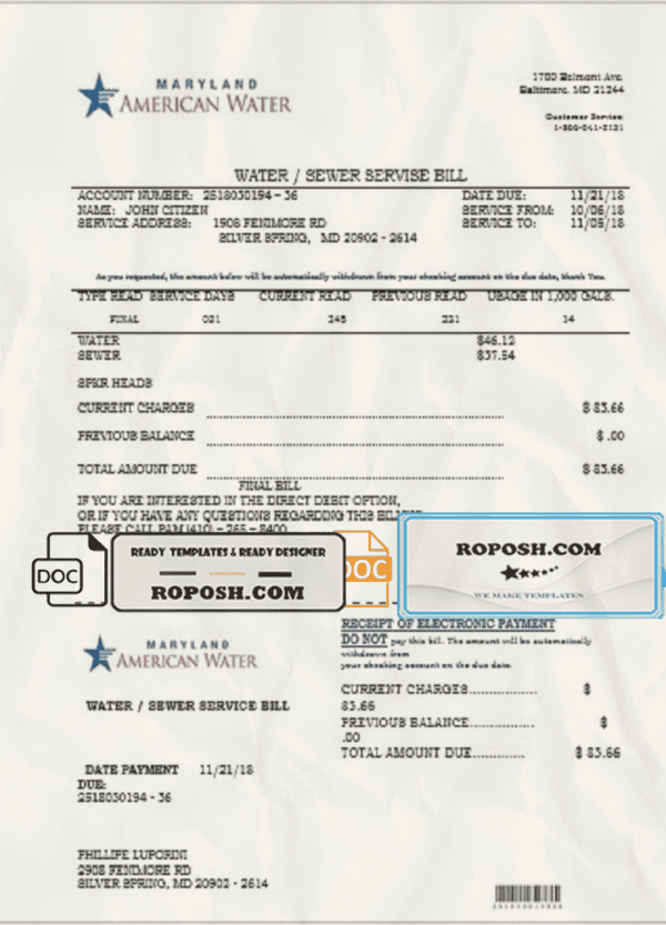 USA Maryland American water utility bill template in Word and PDF format