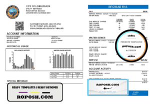 USA City of Long Beach utility bill template in Word and PDF format