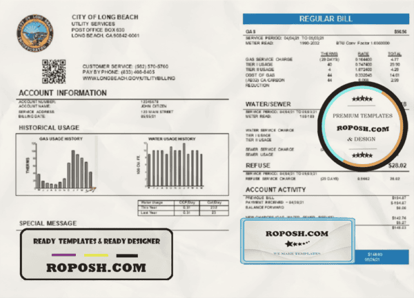 USA City of Long Beach utility bill template in Word and PDF format