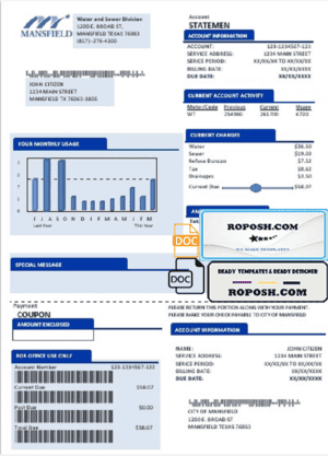 USA Mansfield Texas utility bill template in Word and PDF format (.doc and .pdf)