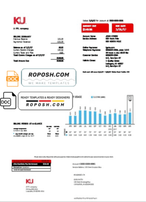 USA Kentucky electricity utility bill template in Word and PDF format