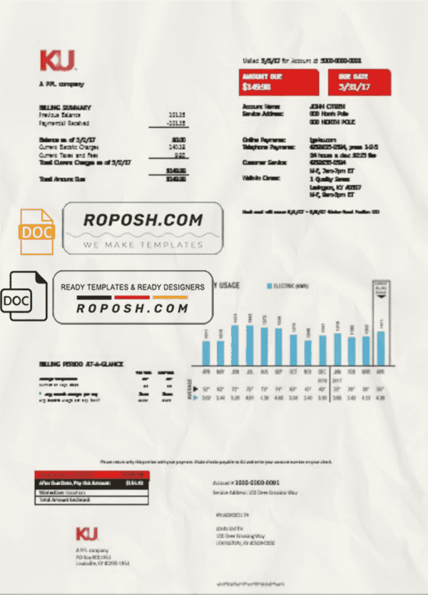 USA Kentucky electricity utility bill template in Word and PDF format