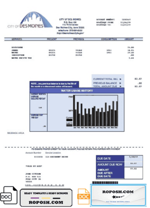 USA Iowa City of Des Moines water utility bill template in Word and PDF format
