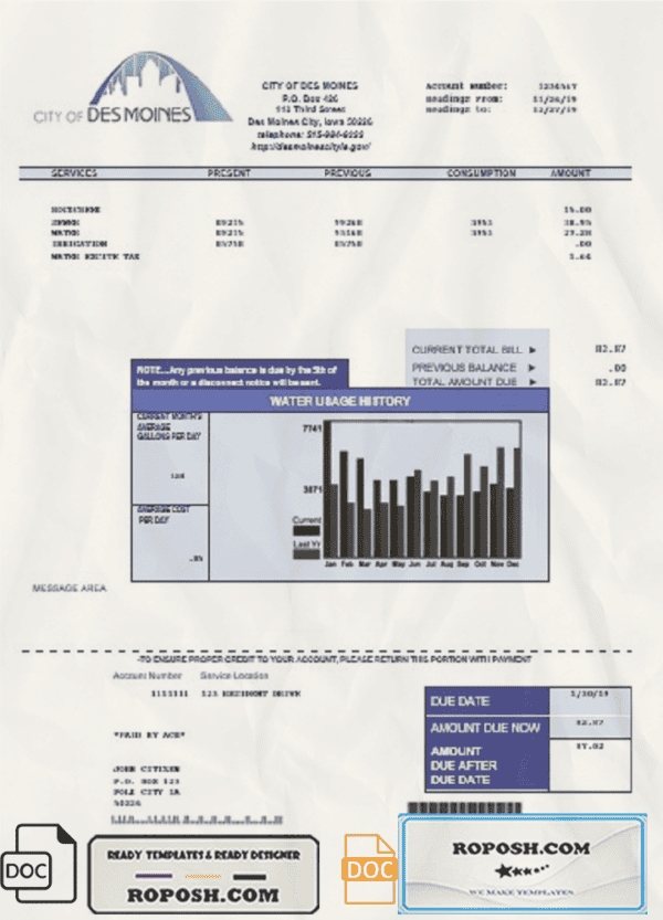 USA Iowa City of Des Moines water utility bill template in Word and PDF format