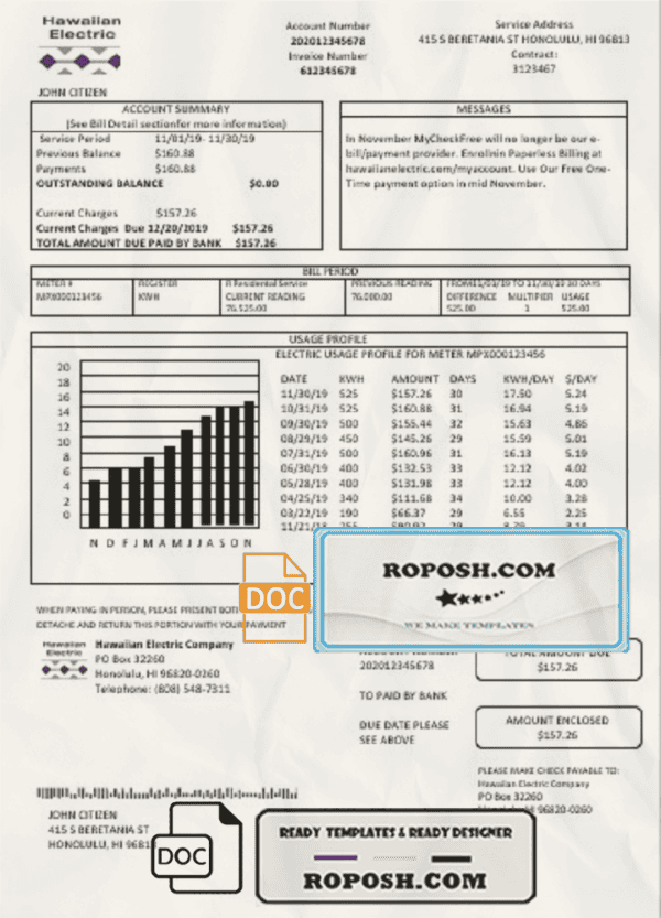 USA Hawaiian Electric utility bill template in Word and PDF format (.doc and .pdf)