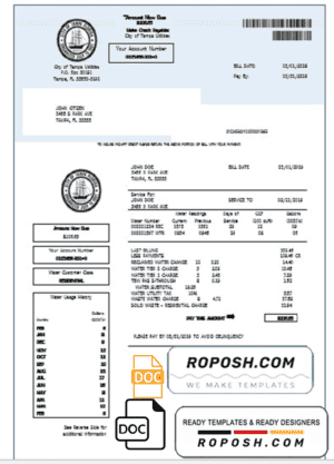 USA Florida water utility bill template in Word and PDF format