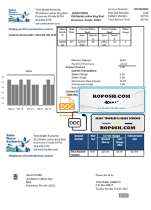 USA Florida Toho Water Authority utility bill template in Word and PDF format