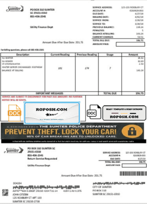 USA City of Sumter South Carolina water utility bill template in Word and PDF format