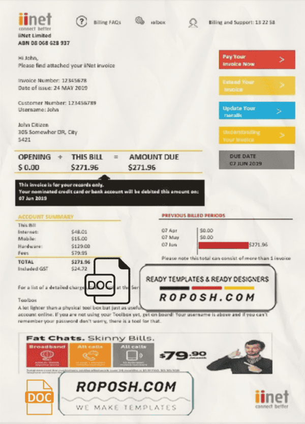 Australia iiNet utility bill template in Word and PDF format (.doc and .pdf)