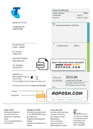 Australia Telstra telecommunications utility bill template in Word and PDF format