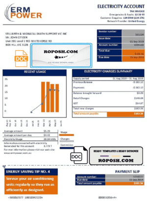 Australia ERM Power electricity proof of address utility bill template in Word and PDF format