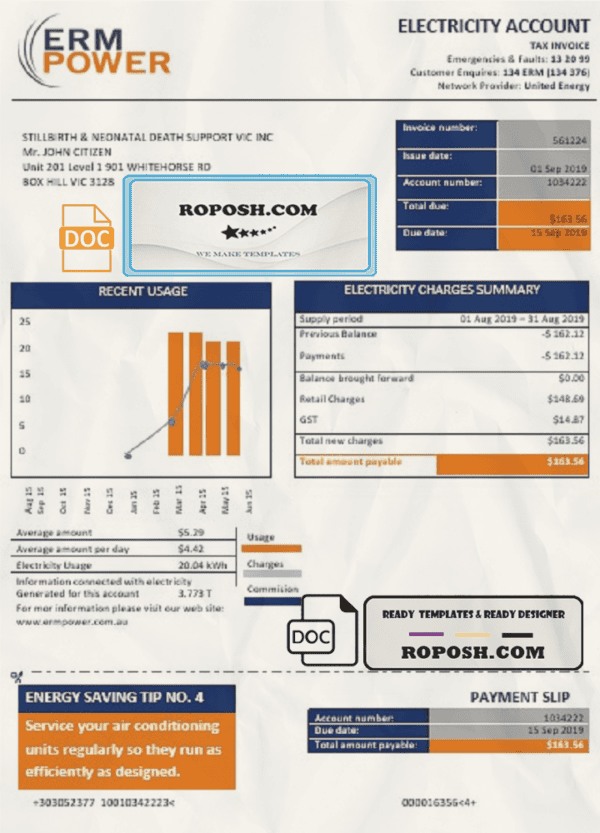 Australia ERM Power electricity proof of address utility bill template in Word and PDF format