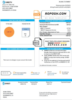 USA California Directv utility bill template in Word and PDF format, good for address prove