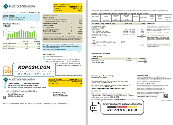 USA Washington Puget Sound Energy utility bill template in Word and PDF format, 2 pages, version 2