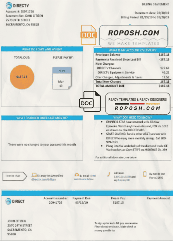 USA California Directv utility bill template in Word and PDF format, good for address prove