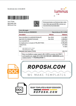 Belgium Luminus utility bill template in Word and PDF format (in .doc and .pdf format)