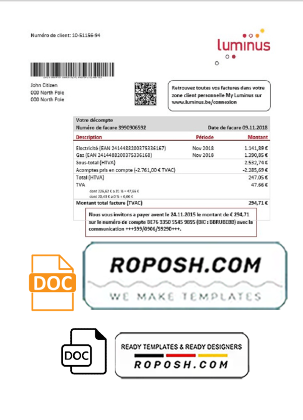 Belgium Luminus utility bill template in Word and PDF format (in .doc and .pdf format)