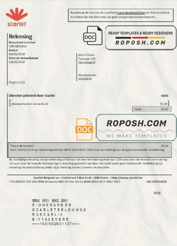 Belgium Scarlet utility bill template in Word and PDF format (.doc and .pdf)