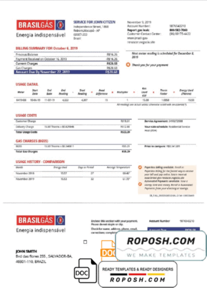 Brazil Gas utility bill template in Word and PDF format