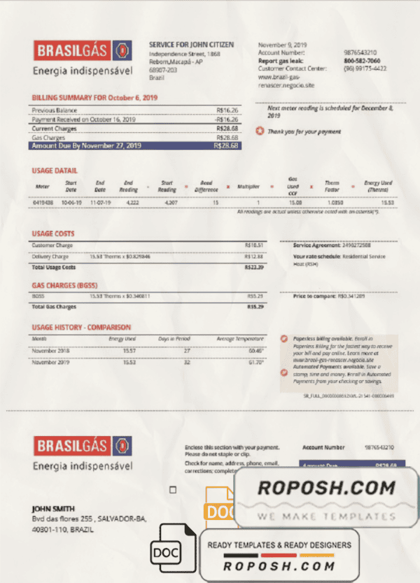 Brazil Gas utility bill template in Word and PDF format