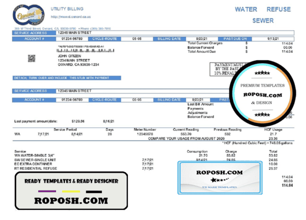 USA California City of Oxnard utility bill template in Word and PDF format